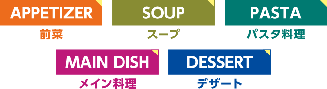 前菜・スープ・パスタ料理・メイン料理・デザート