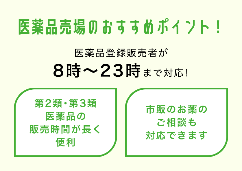 医薬品売場のおすすめポイント！医薬品登録販売者が8時〜23時まで対応！