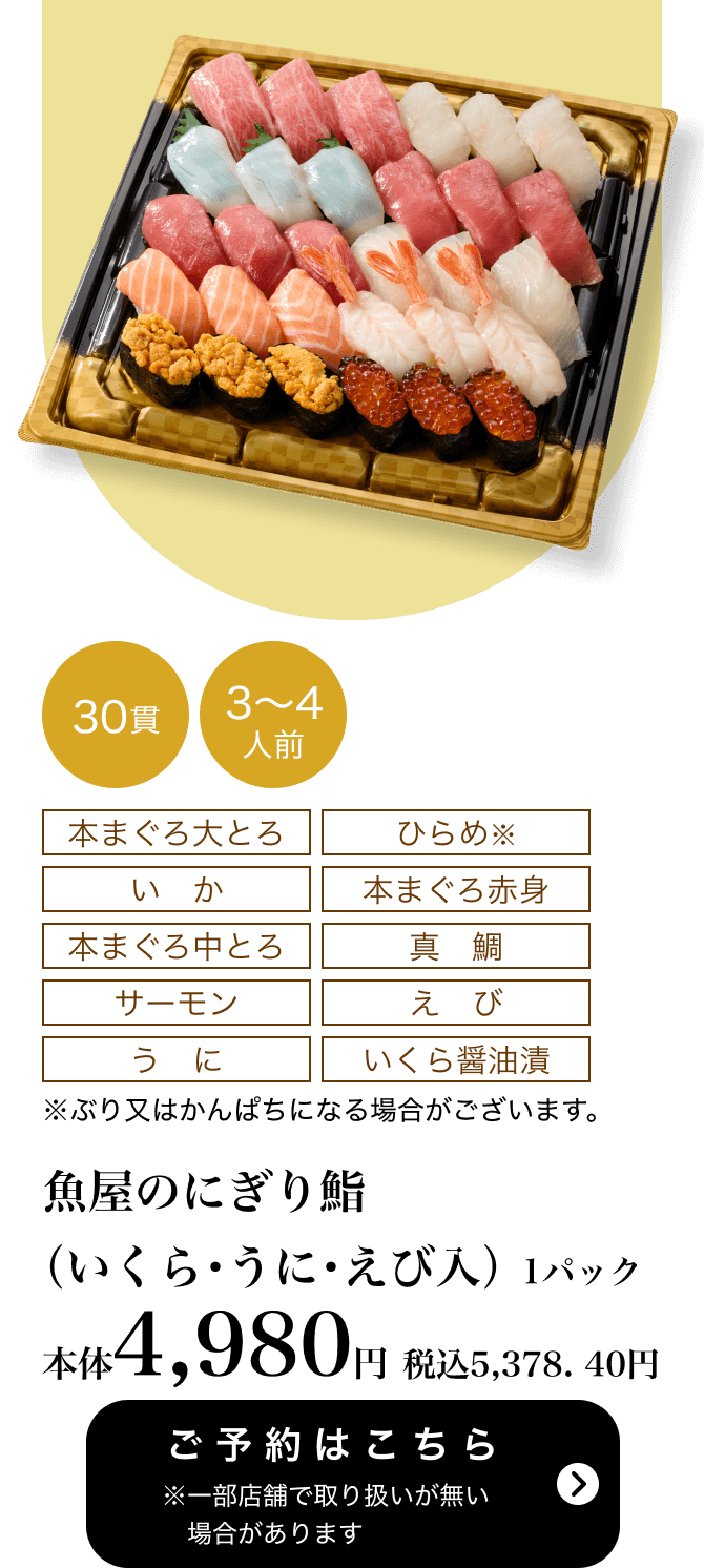 魚屋のにぎり鮨（いくら・うに・えび入） 1パック 30貫 3〜4人前 本体4,980円 税込5,378.40円 ご予約はこちら ※一部店舗で取り扱いがない場合があります