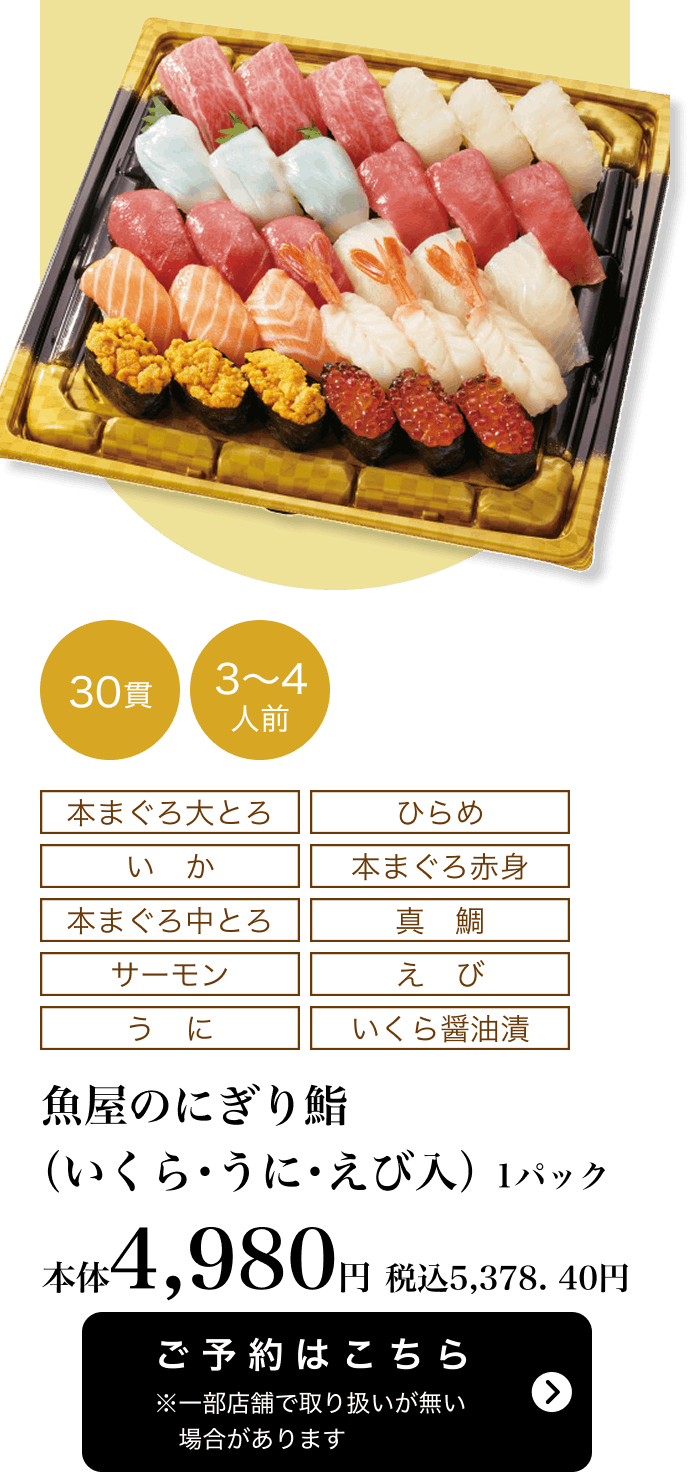魚屋のにぎり鮨（いくら・うに・えび入） 1パック 30貫 3〜4人前 本体4,980円 税込5,378.40円 ご予約はこちら ※一部店舗で取り扱いがない場合があります