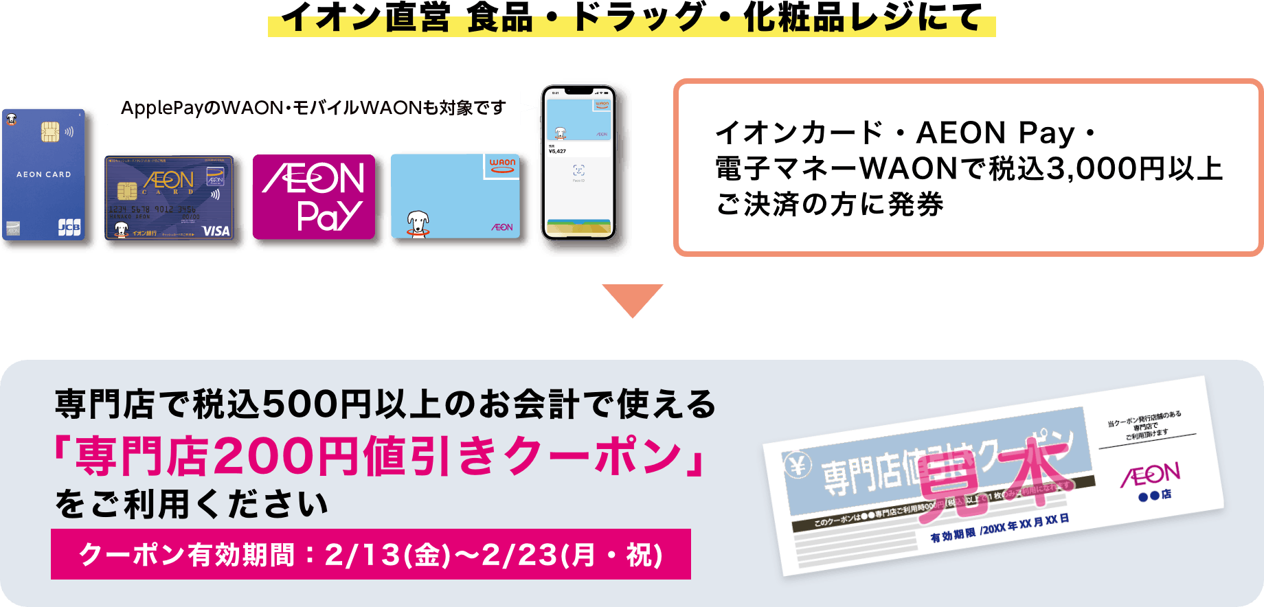 【クーポン有効期間：2/13(金)〜2/23(月・祝)】イオン直営 食品・ドラッグ・化粧品レジにて イオンカード・AEON Pay・電子マネーWAONで税込3,000円以上ご決済の方に専門店で税込500円以上のお会計で使える「専門店200円値引きクーポン」を発券