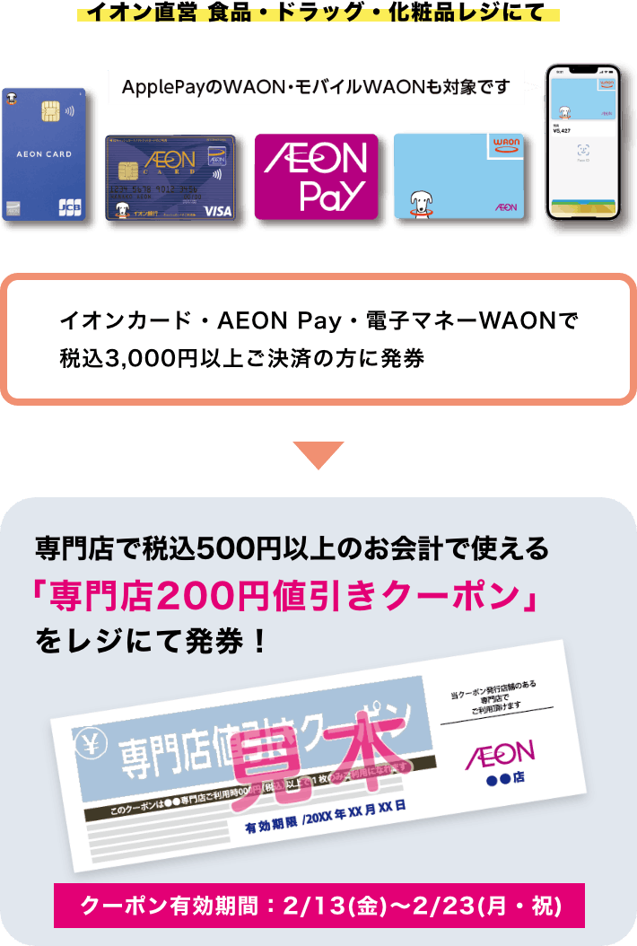【クーポン有効期間：2/13(金)〜2/23(月・祝)】イオン直営 食品・ドラッグ・化粧品レジにて イオンカード・AEON Pay・電子マネーWAONで税込3,000円以上ご決済の方に専門店で税込500円以上のお会計で使える「専門店200円値引きクーポン」を発券