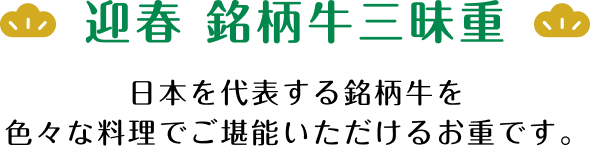 迎春 銘柄牛三昧重 日本を代表する銘柄牛を色々な料理でご堪能いただけるお重です。